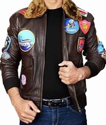 Jild Aviator Tom Multiple Patches Cruise Genuine Leather Jacket Men - G1 USAAF Pilot Fur Collar Maveric Bomber Leather Jacket