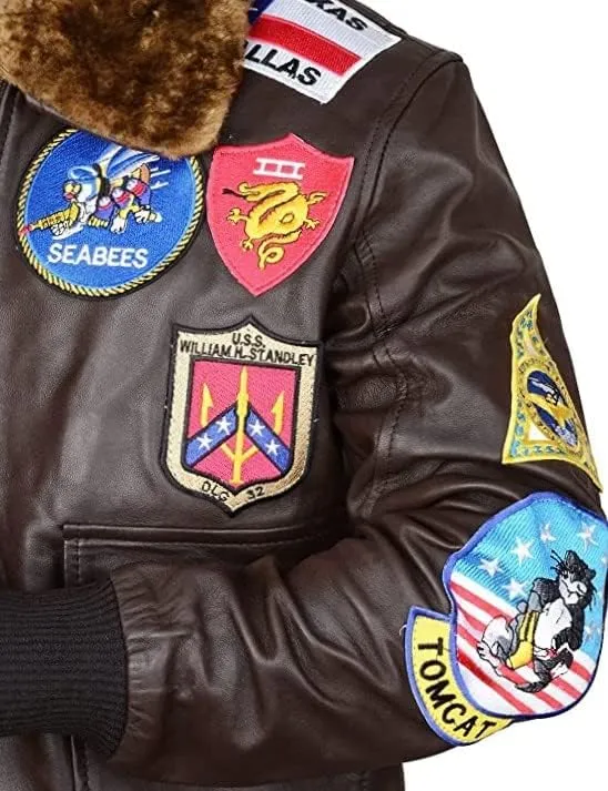 Jild Aviator Tom Multiple Patches Cruise Genuine Leather Jacket Men - G1 USAAF Pilot Fur Collar Maveric Bomber Leather Jacket