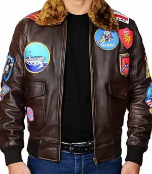 Jild Aviator Tom Multiple Patches Cruise Genuine Leather Jacket Men - G1 USAAF Pilot Fur Collar Maveric Bomber Leather Jacket