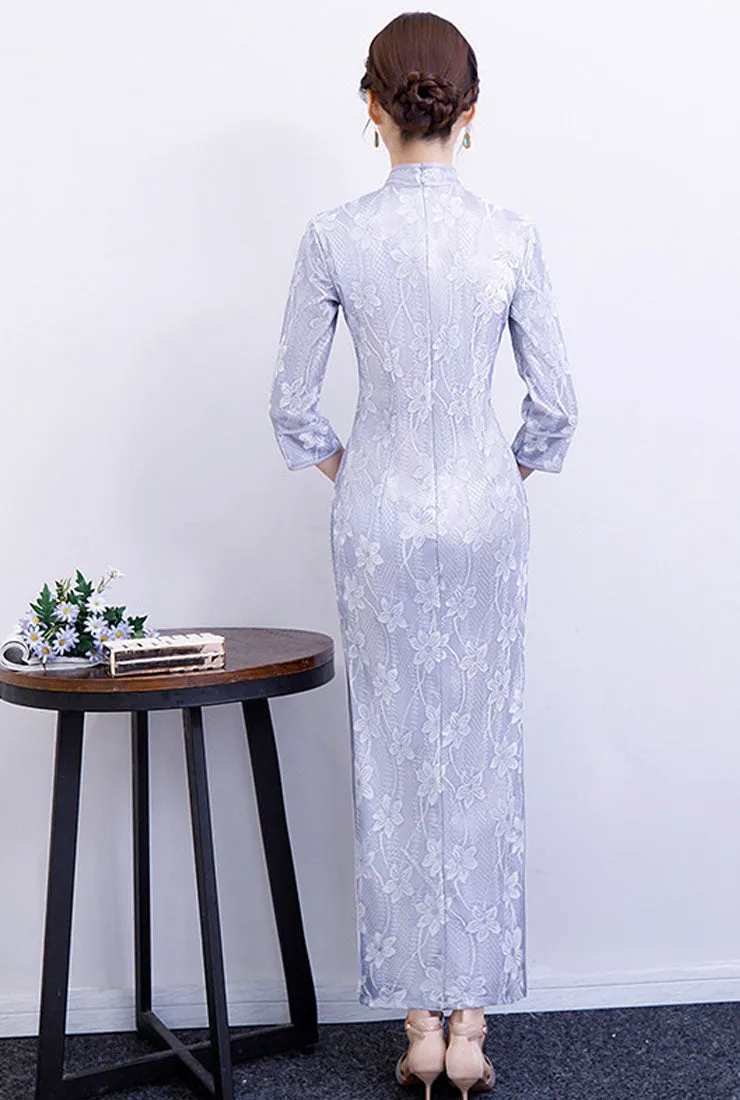 Lace Floral Embroidered Silk Cheongsam Maxi Dress