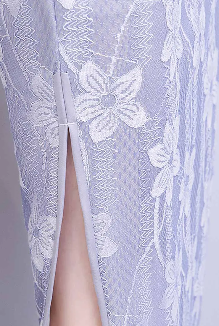 Lace Floral Embroidered Silk Cheongsam Maxi Dress