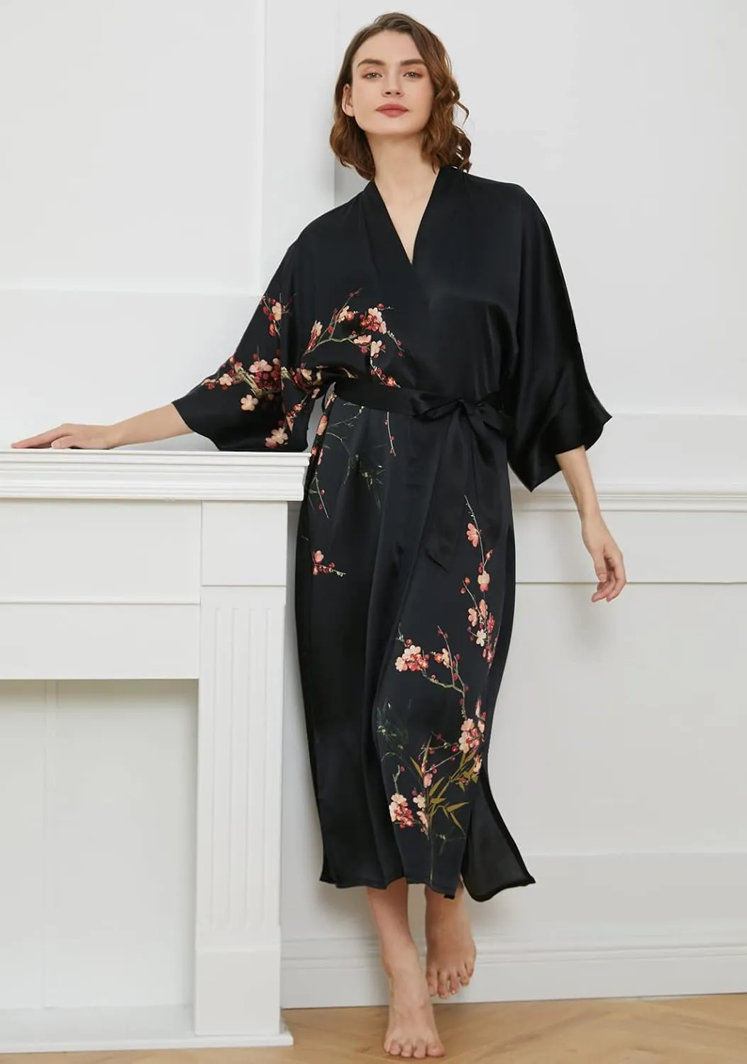 Ledamon Women's 100% Silk Kimono Long Robe - Classic Colors and Prints