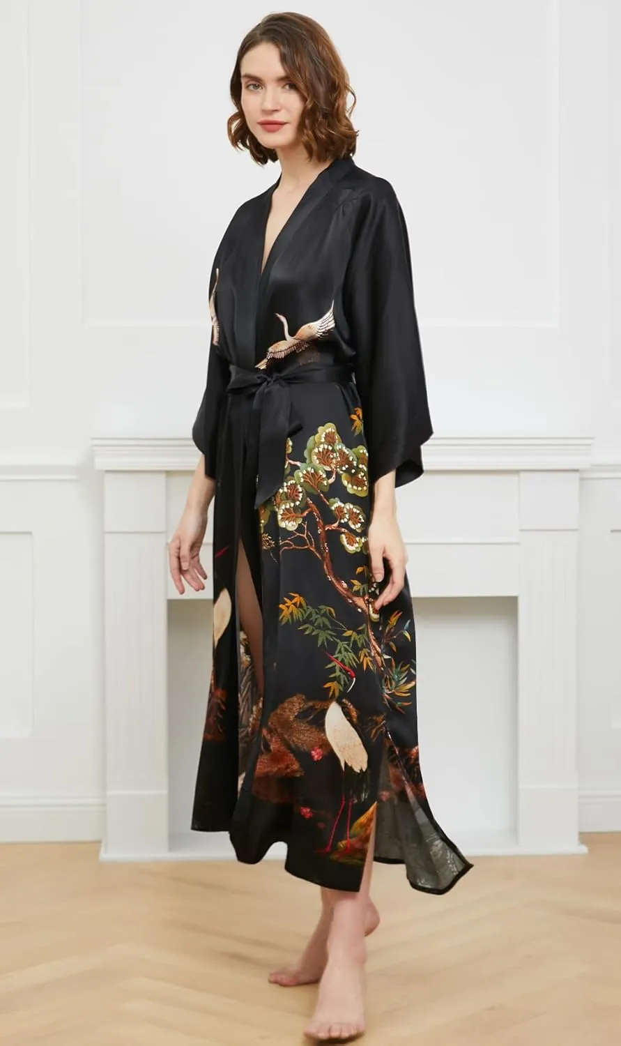 Ledamon Women's 100% Silk Kimono Long Robe - Classic Colors and Prints
