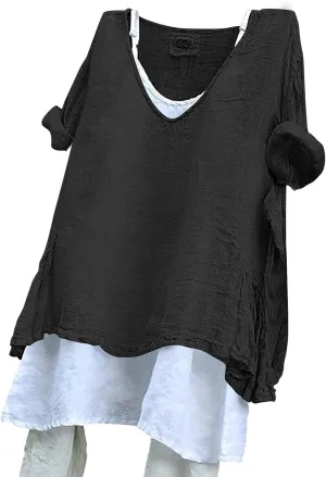 Linen Shirts for Women V Neck Long Rolled Sleeve Office Work Tops Casual Boho Vintage Vacation Tees Shirt Blouse