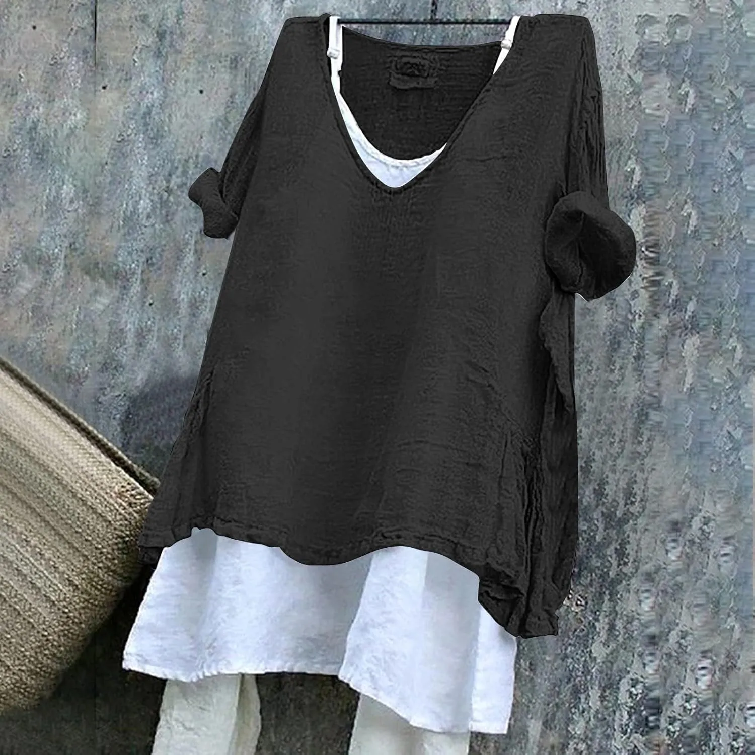 Linen Shirts for Women V Neck Long Rolled Sleeve Office Work Tops Casual Boho Vintage Vacation Tees Shirt Blouse