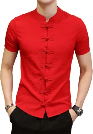 Linen Shirts Men Streetwear Mandarin Collar Men's Shirt with Short Sleeves Slim Fit Chinese Traditional Clothes