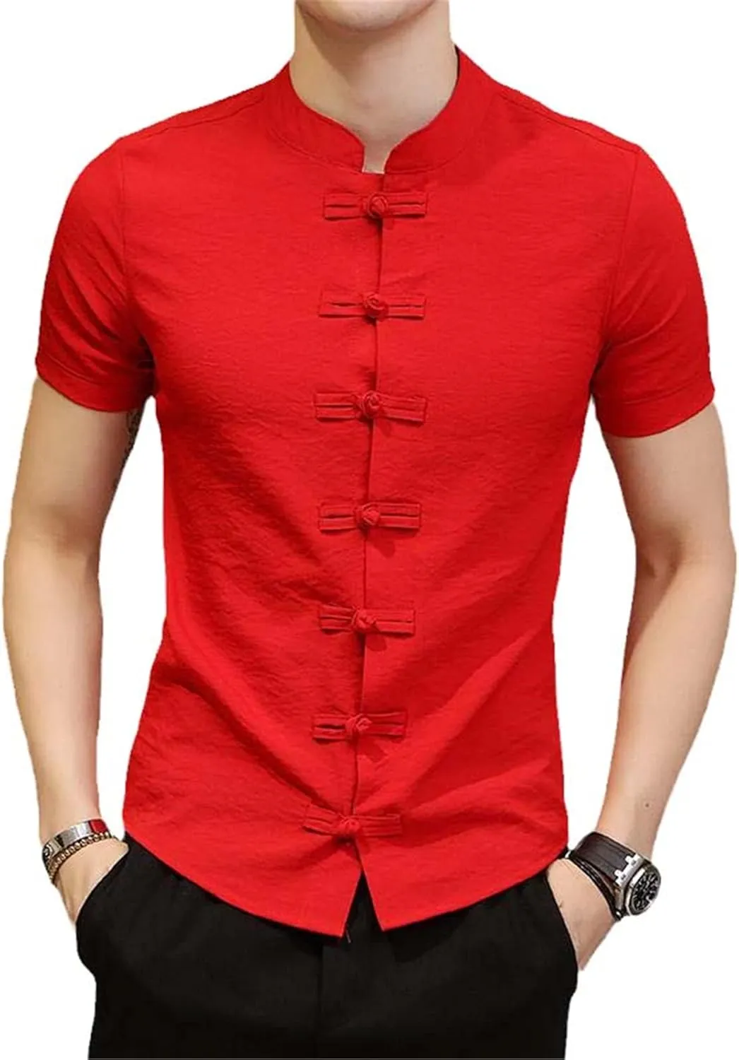 Linen Shirts Men Streetwear Mandarin Collar Men's Shirt with Short Sleeves Slim Fit Chinese Traditional Clothes