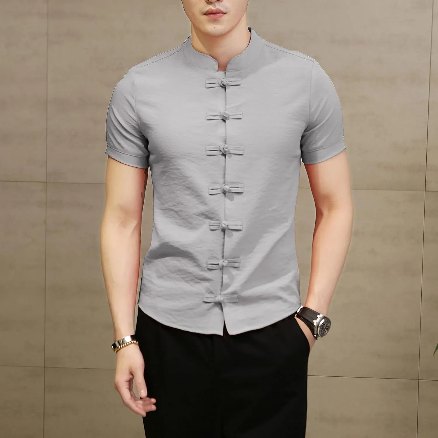 Linen Shirts Men Streetwear Mandarin Collar Men's Shirt with Short Sleeves Slim Fit Chinese Traditional Clothes