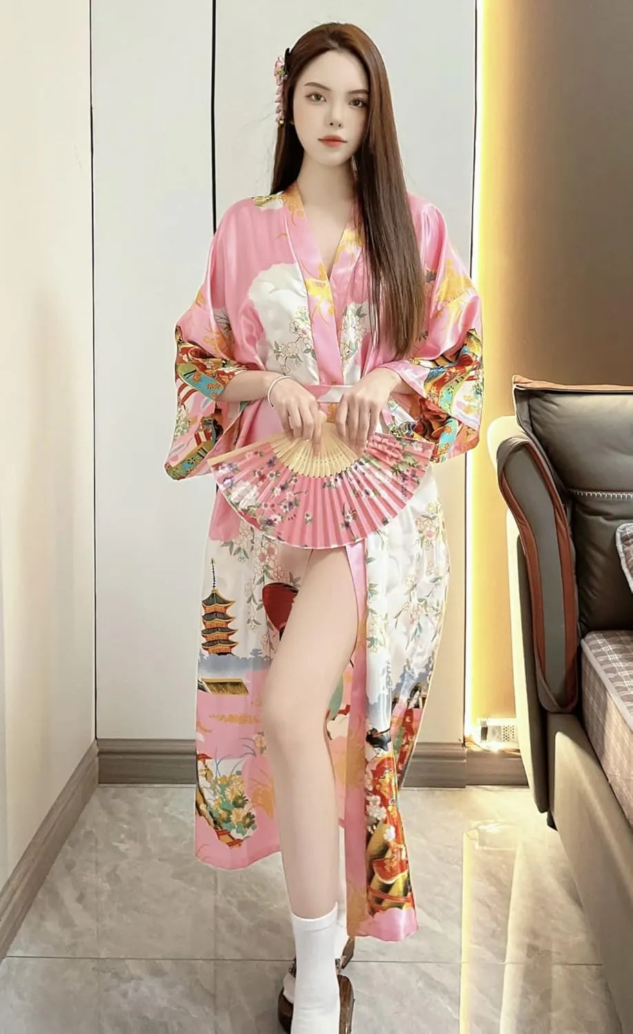 Long Kimono Satin Printed Lightweight Cardigan Jacket Coat Yukata Cloak Bathrobe Tops fans Tabi socks set