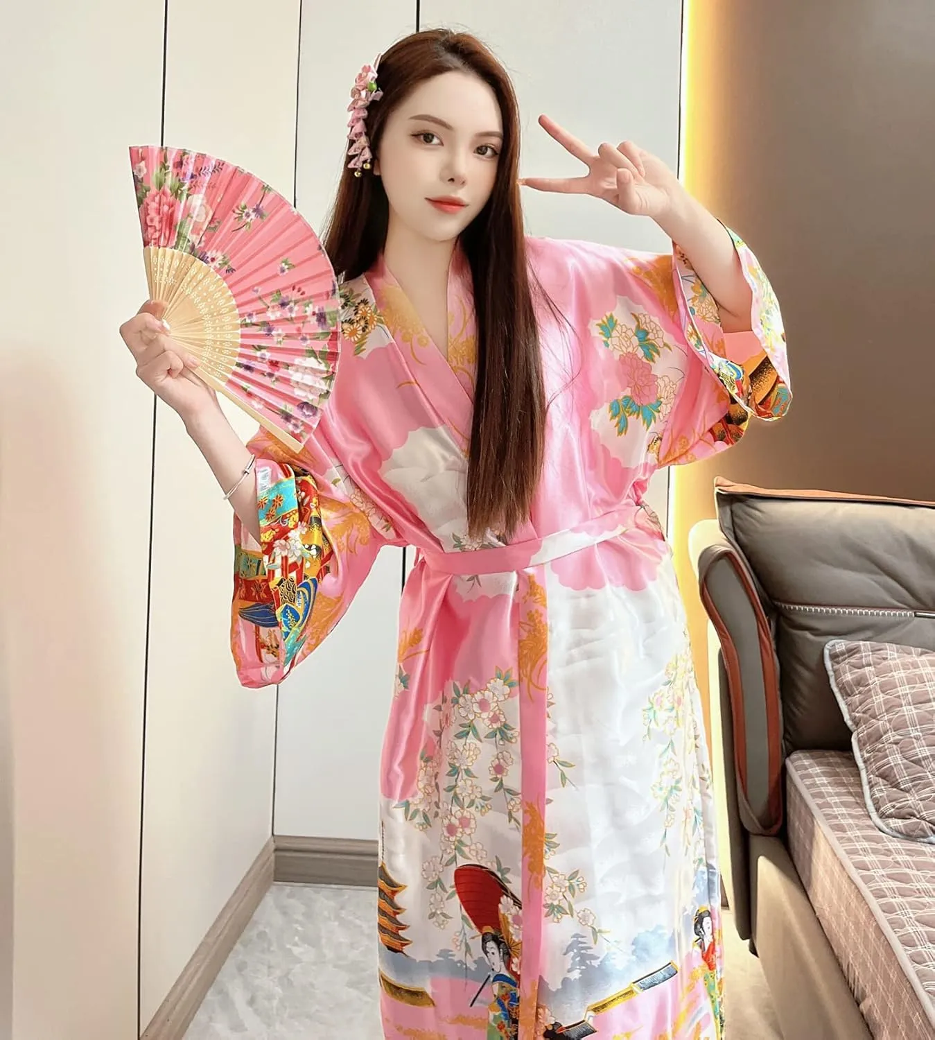 Long Kimono Satin Printed Lightweight Cardigan Jacket Coat Yukata Cloak Bathrobe Tops fans Tabi socks set