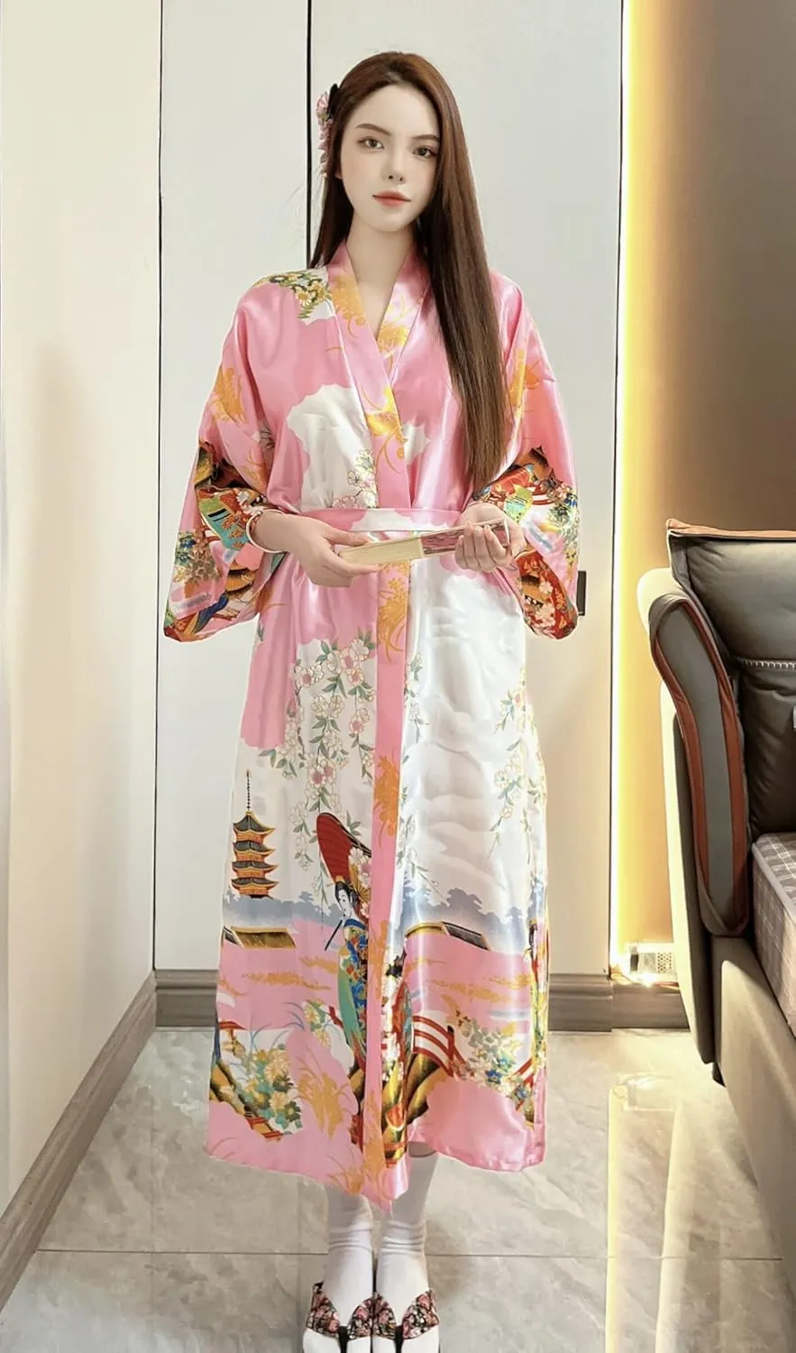 Long Kimono Satin Printed Lightweight Cardigan Jacket Coat Yukata Cloak Bathrobe Tops fans Tabi socks set