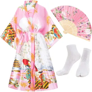 Long Kimono Satin Printed Lightweight Cardigan Jacket Coat Yukata Cloak Bathrobe Tops fans Tabi socks set