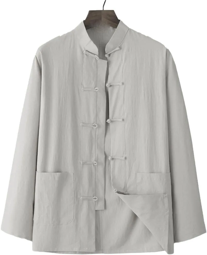 Male Blouse Men Shirt Solid Color Stand Collar Tang Suit Top Button Up Chinese Traditional Coat Cotton Linen Shirt