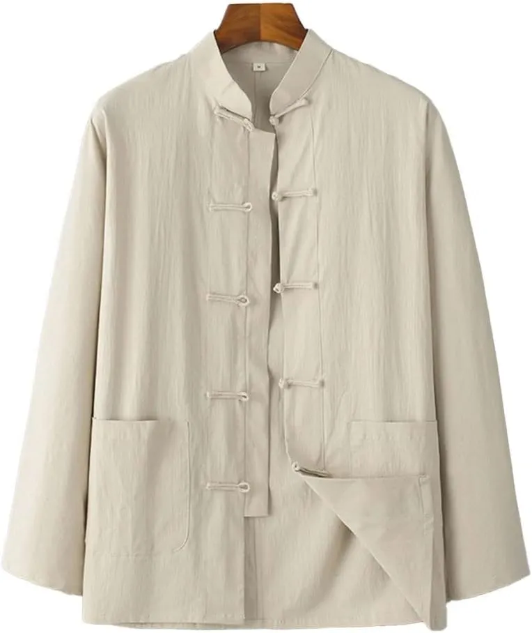 Male Blouse Men Shirt Solid Color Stand Collar Tang Suit Top Button Up Chinese Traditional Coat Cotton Linen Shirt