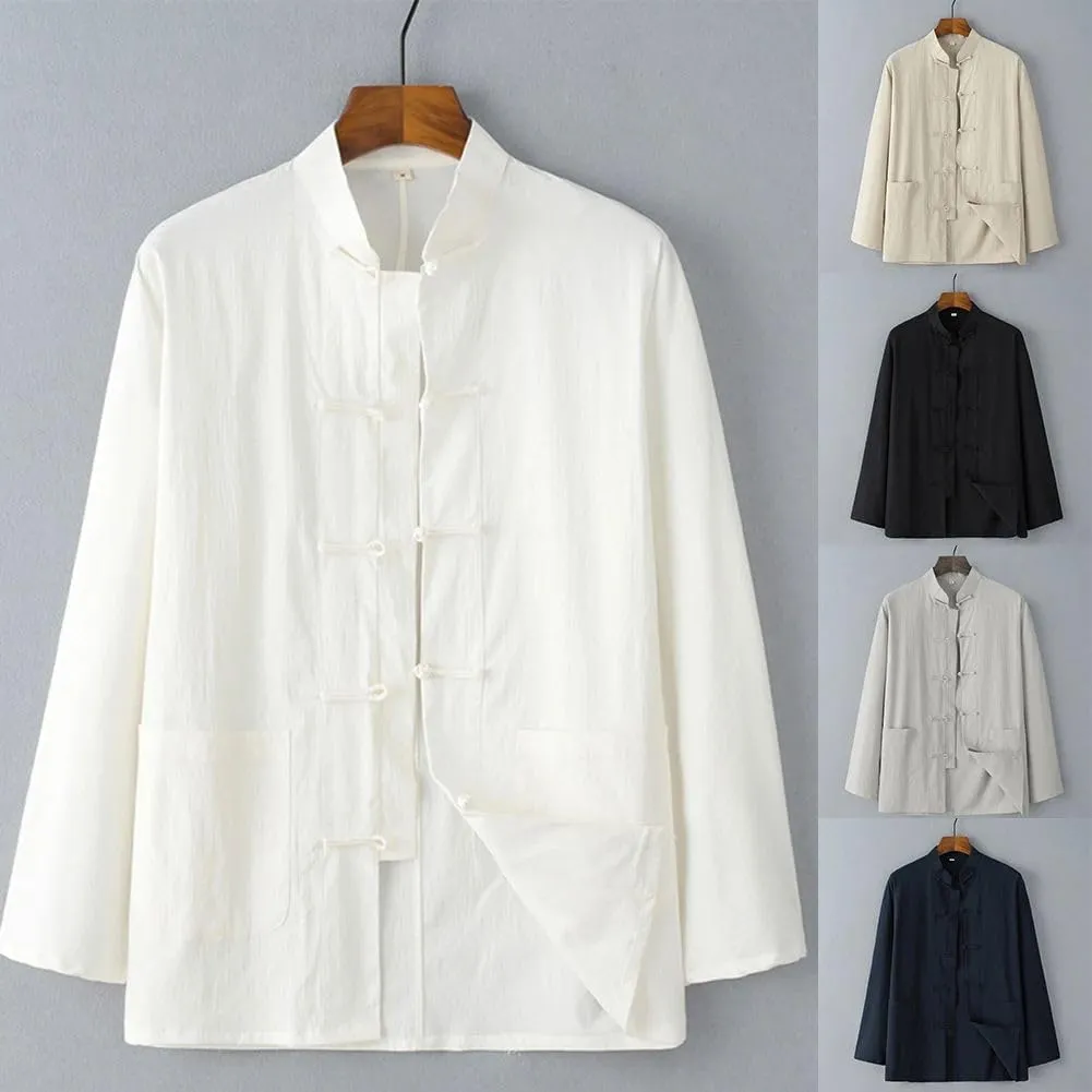 Male Blouse Men Shirt Solid Color Stand Collar Tang Suit Top Button Up Chinese Traditional Coat Cotton Linen Shirt