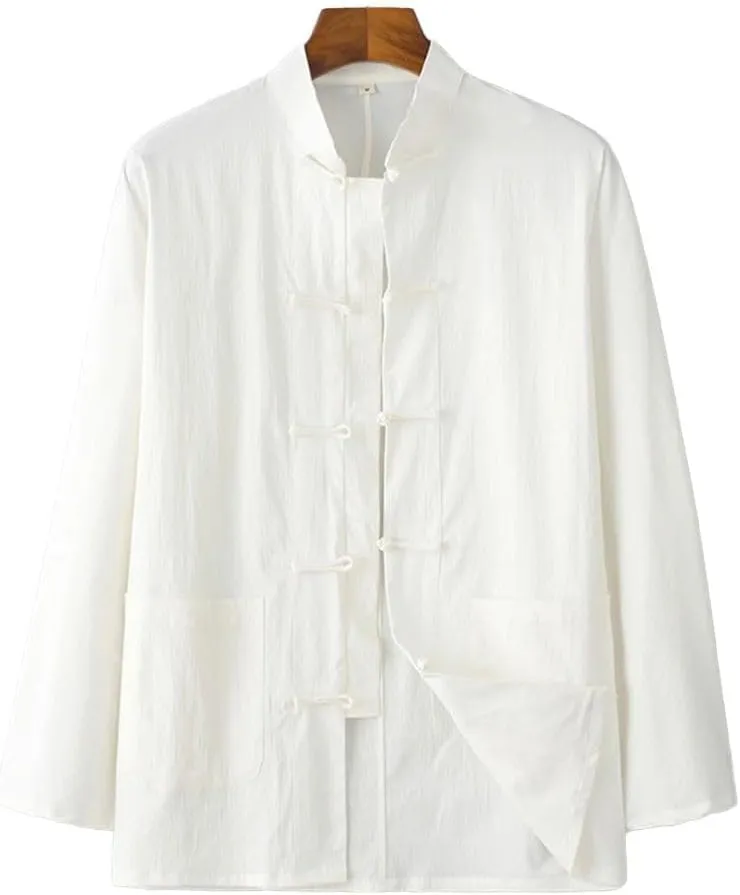 Male Blouse Men Shirt Solid Color Stand Collar Tang Suit Top Button Up Chinese Traditional Coat Cotton Linen Shirt