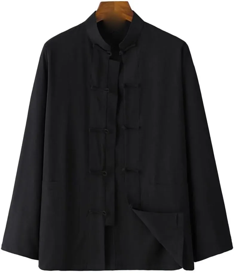 Male Blouse Men Shirt Solid Color Stand Collar Tang Suit Top Button Up Chinese Traditional Coat Cotton Linen Shirt
