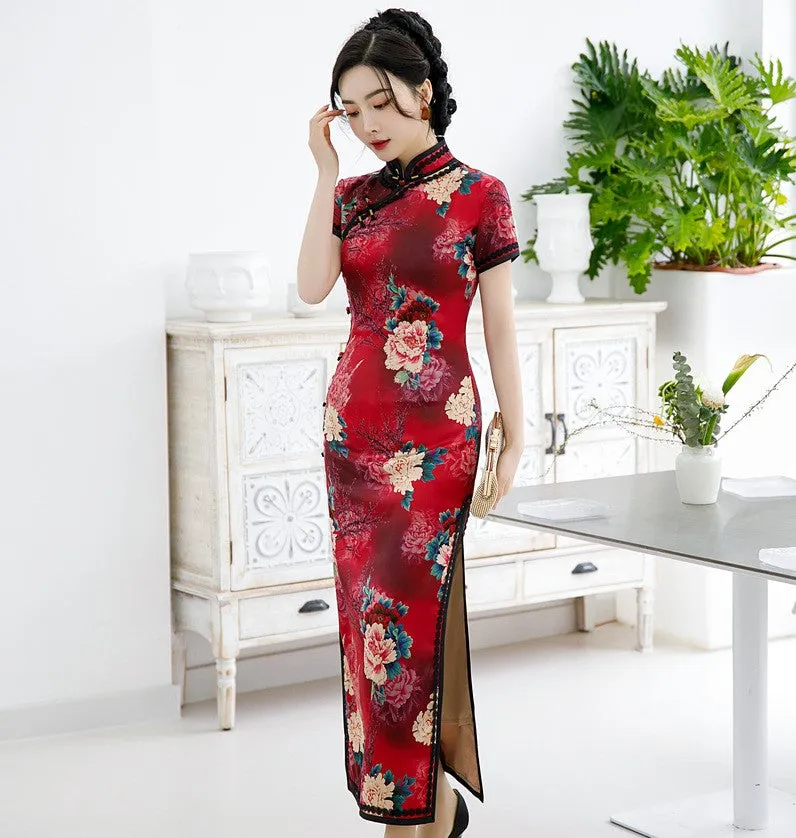 Mandarin Collar Floral Silk Full Length Traditional Cheongsam Chinese Dress