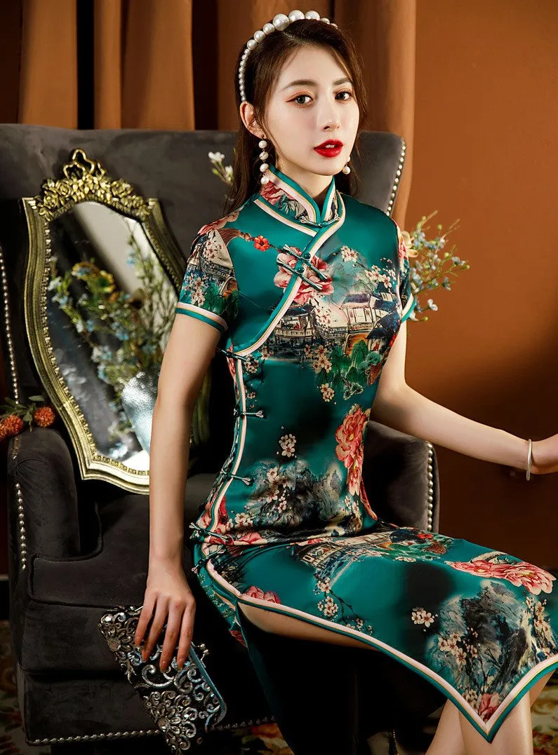 Mandarin Collar Floral Silk Tea Length Traditional Cheongsam Chinese Dress