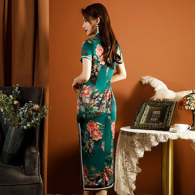 Mandarin Collar Floral Silk Tea Length Traditional Cheongsam Chinese Dress