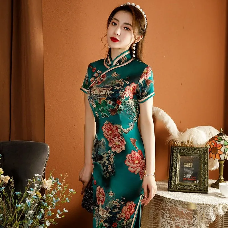 Mandarin Collar Floral Silk Tea Length Traditional Cheongsam Chinese Dress
