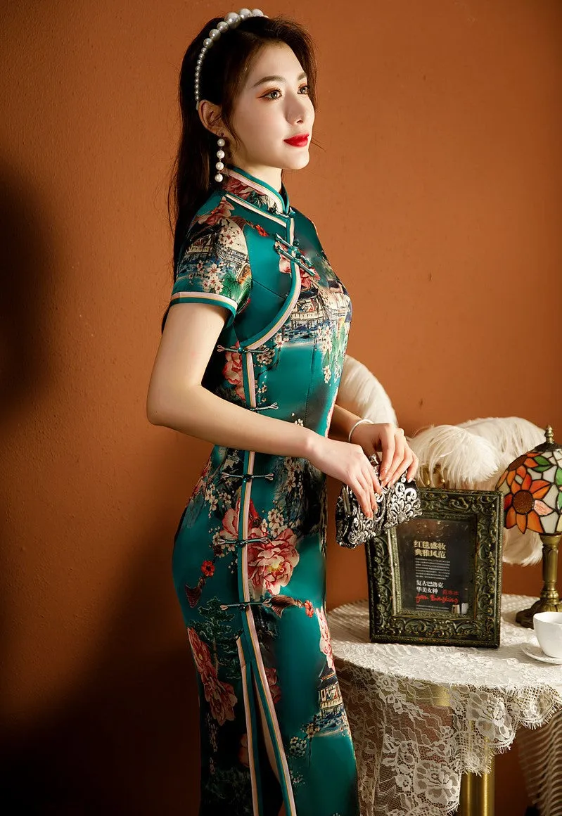 Mandarin Collar Floral Silk Tea Length Traditional Cheongsam Chinese Dress