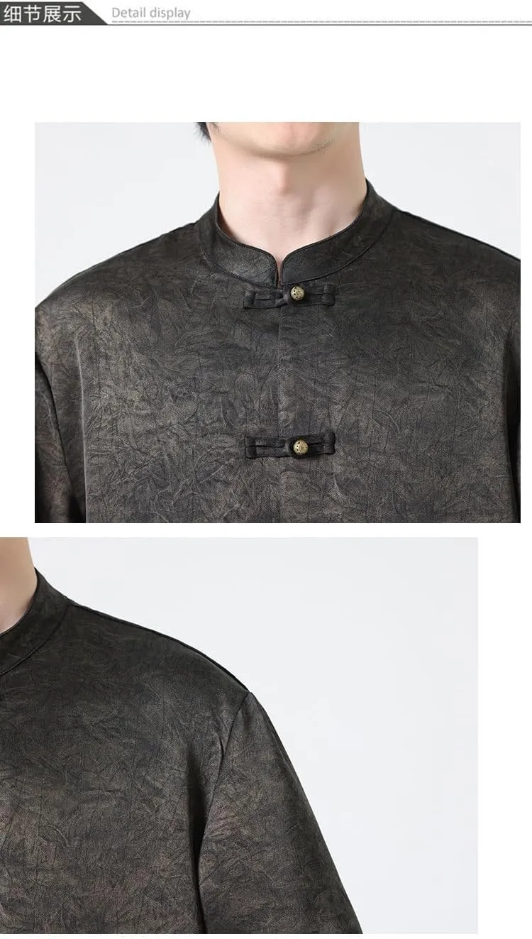 Men's Ice Silk Chinese Shirt,Summer Mandarin Collar Printed Short Sleeve Top