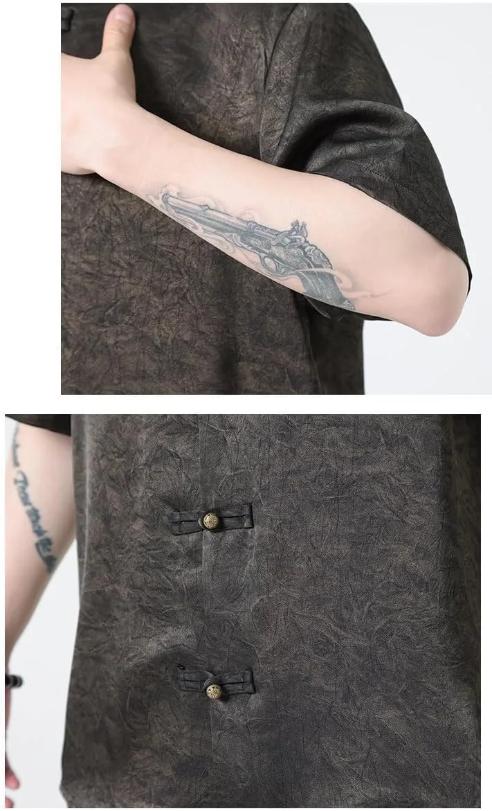 Men's Ice Silk Chinese Shirt,Summer Mandarin Collar Printed Short Sleeve Top