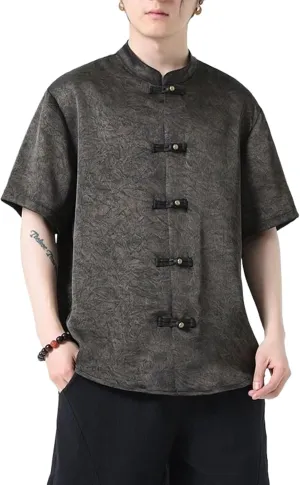 Men's Ice Silk Chinese Shirt,Summer Mandarin Collar Printed Short Sleeve Top