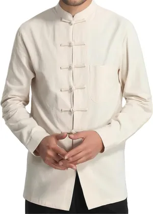 Men's Retro Chinese Style Ethnic Tang Suit Cotton Stand Collar Frog Button Top Base Layer Shirt