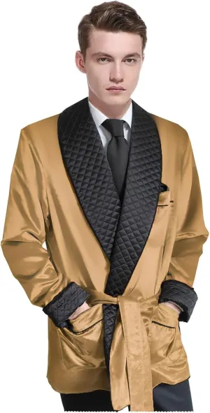 Men's Short Satin Smoking Robe with Belt Lightweight Cool Smoking Jacket Summer Bathrobe