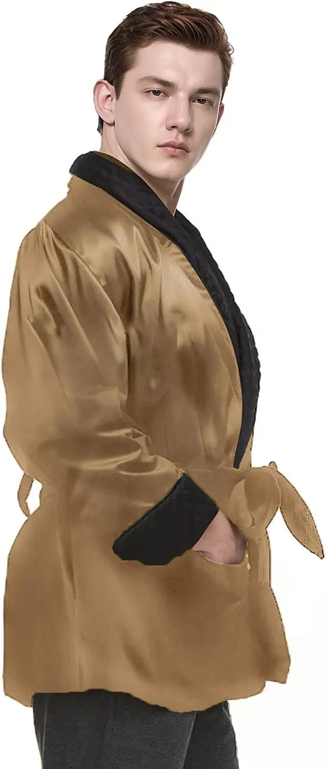 Men's Short Satin Smoking Robe with Belt Lightweight Cool Smoking Jacket Summer Bathrobe