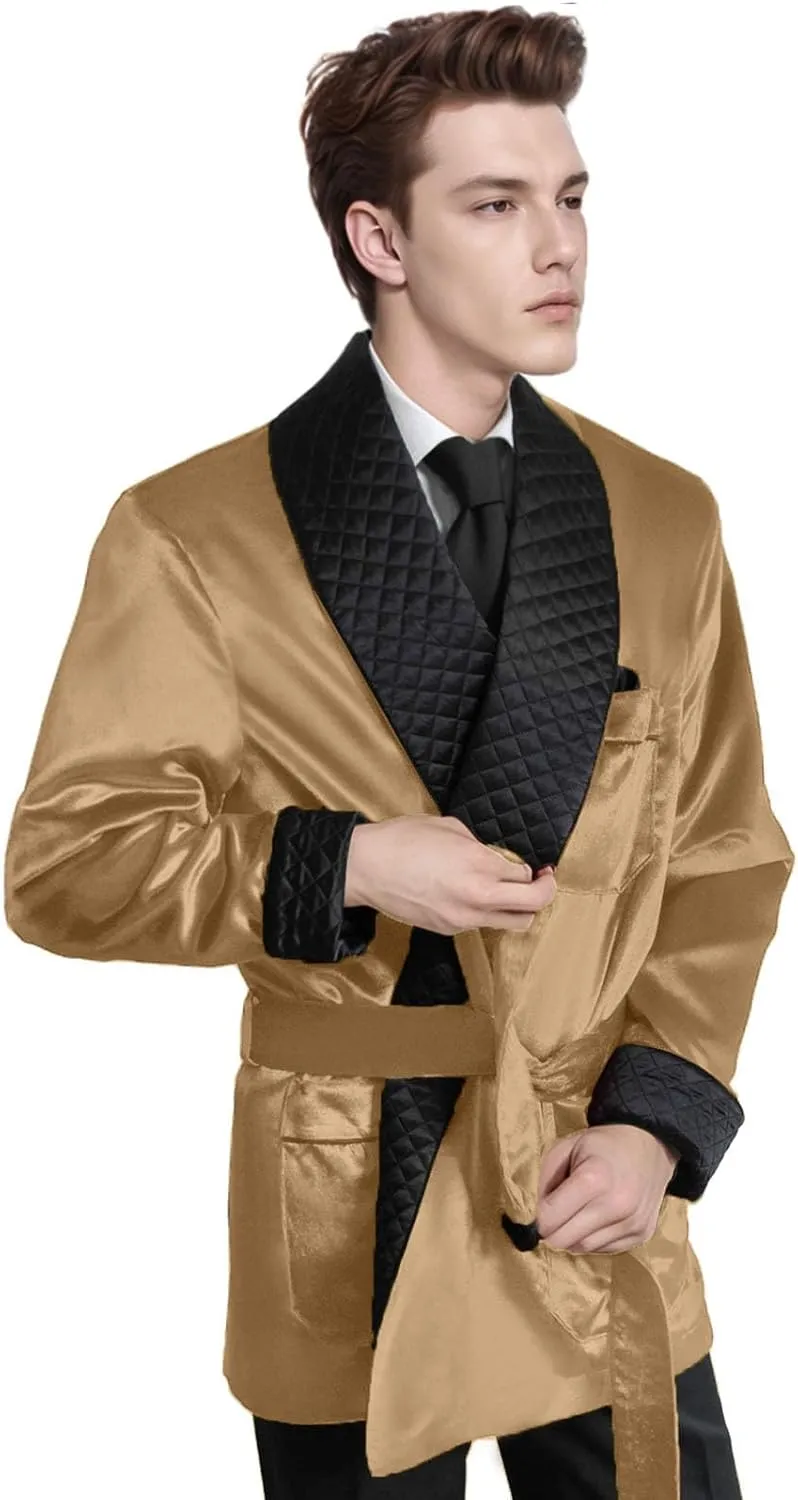 Men's Short Satin Smoking Robe with Belt Lightweight Cool Smoking Jacket Summer Bathrobe