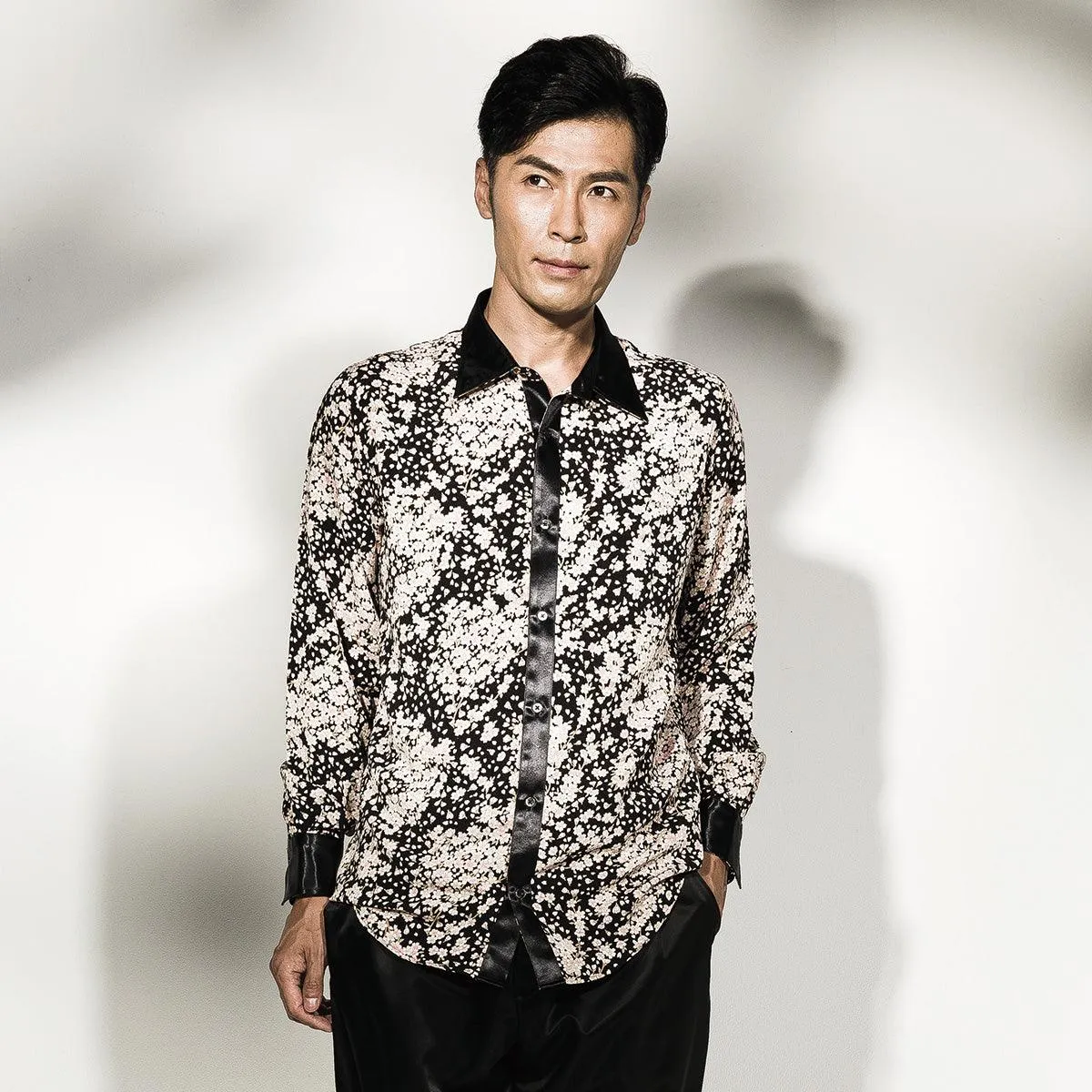Men’s Unisex Sakura Crepe Dress Shirt Long Sleeve -16. Samurai Cherry Blossoms Pattern Made in Japan