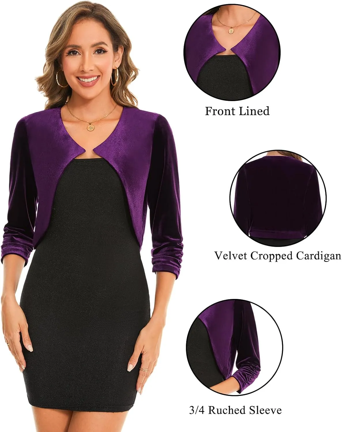MINTLIMIT Women Velvet Shrug Bolero Open Front 3/4 Ruched Sleeve Evening Dressy Cropped Cardigans with Hook and Eye