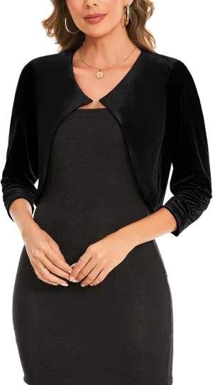 MINTLIMIT Women Velvet Shrug Bolero Open Front 3/4 Ruched Sleeve Evening Dressy Cropped Cardigans with Hook and Eye