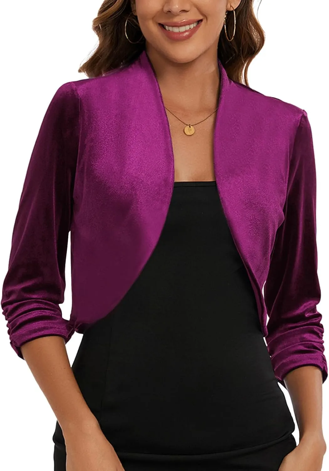 MINTLIMIT Women's Velvet Bolero Shrugs for Dresses Ruched 3/4 Sleeve Open Front Cocktail Party Cropped Cardigan