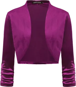 MINTLIMIT Women's Velvet Bolero Shrugs for Dresses Ruched 3/4 Sleeve Open Front Cocktail Party Cropped Cardigan