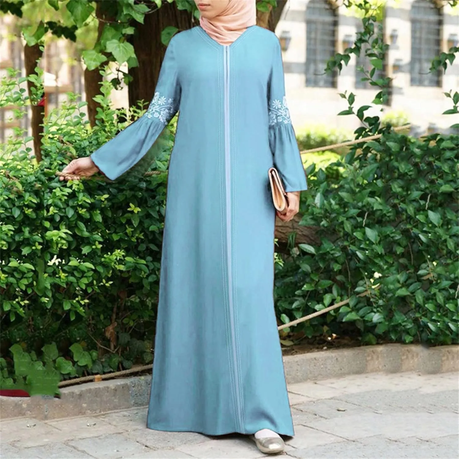 Muslim Abaya Dresses for Women V Neck Kaftan Islamic Prayer Robe Embroidered Floor Dress Eid Thobe Evening Dresses