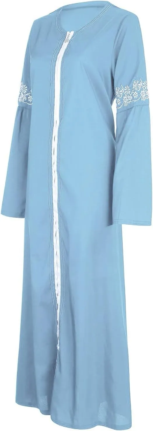 Muslim Abaya Dresses for Women V Neck Kaftan Islamic Prayer Robe Embroidered Floor Dress Eid Thobe Evening Dresses