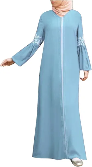 Muslim Abaya Dresses for Women V Neck Kaftan Islamic Prayer Robe Embroidered Floor Dress Eid Thobe Evening Dresses
