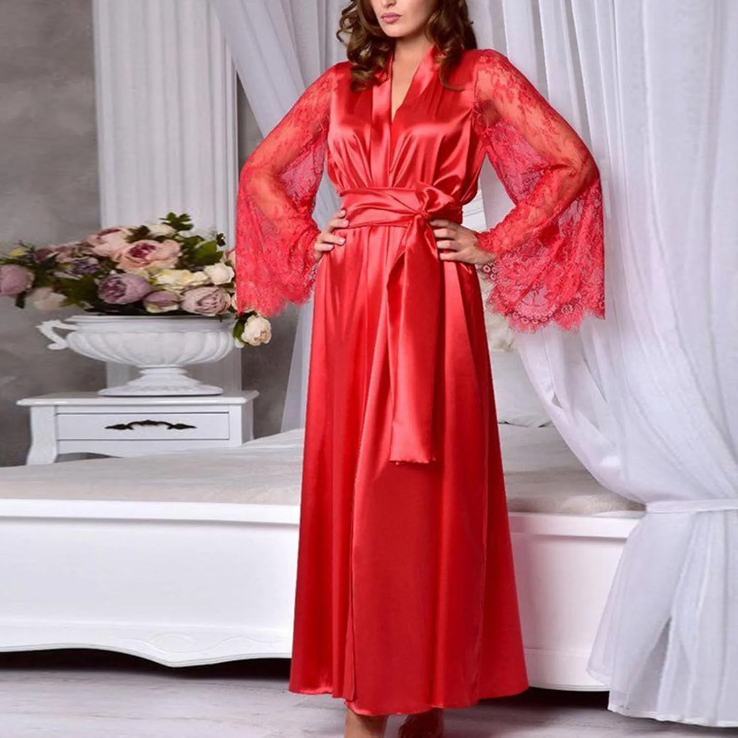 Mzkdieey Women's Floral Lace Robe Silk Kimono Bathrobe Long Bridesmaids Wedding Party Loungewear Sleepwear Dressing Gown