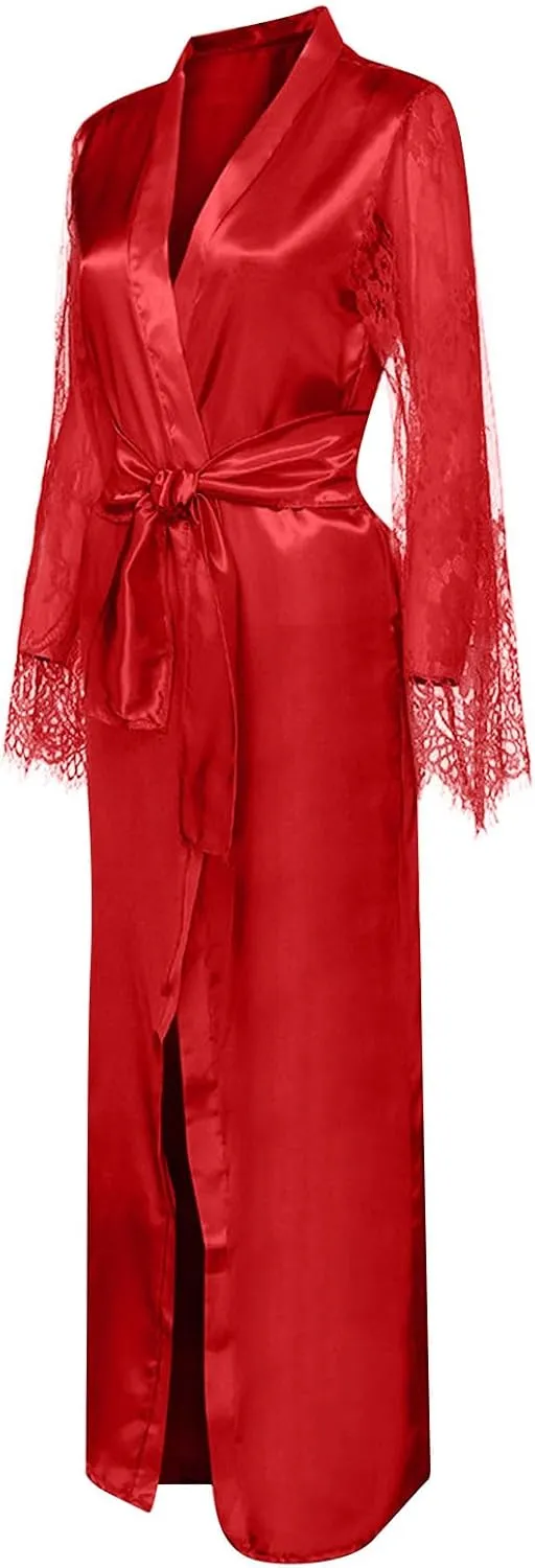 Mzkdieey Women's Floral Lace Robe Silk Kimono Bathrobe Long Bridesmaids Wedding Party Loungewear Sleepwear Dressing Gown
