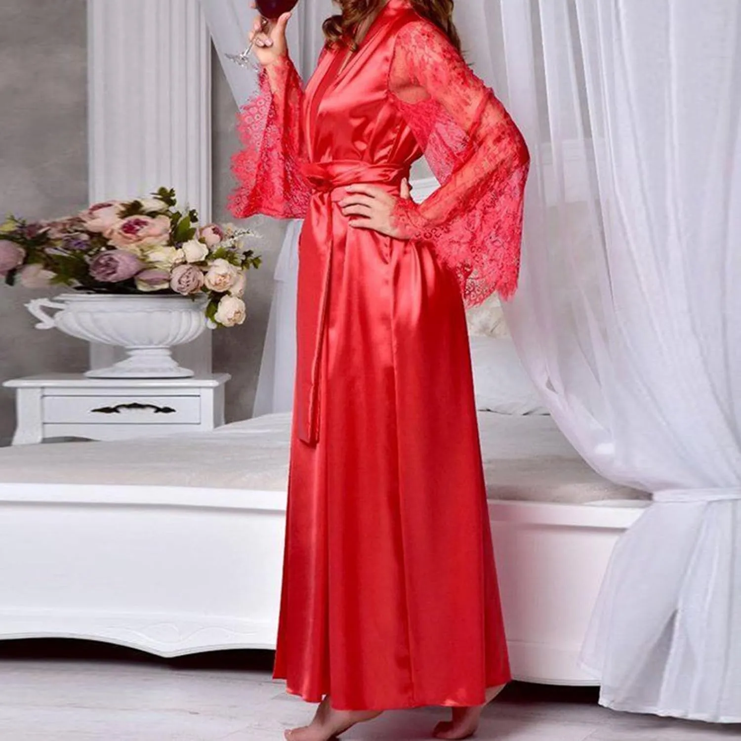 Mzkdieey Women's Floral Lace Robe Silk Kimono Bathrobe Long Bridesmaids Wedding Party Loungewear Sleepwear Dressing Gown