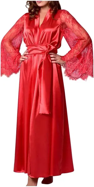 Mzkdieey Women's Floral Lace Robe Silk Kimono Bathrobe Long Bridesmaids Wedding Party Loungewear Sleepwear Dressing Gown