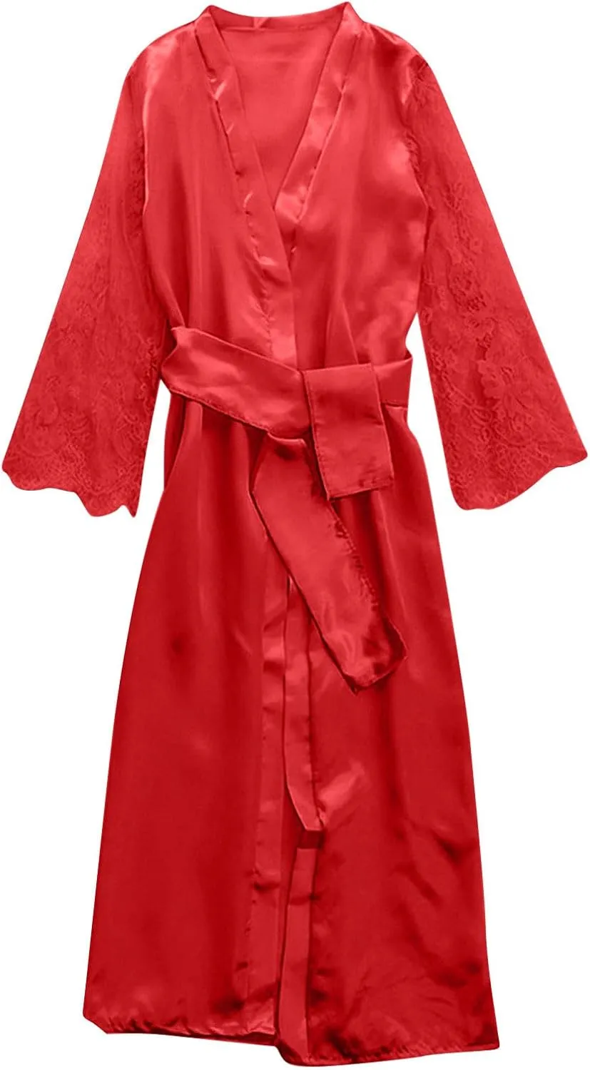 Mzkdieey Women's Floral Lace Robe Silk Kimono Bathrobe Long Bridesmaids Wedding Party Loungewear Sleepwear Dressing Gown