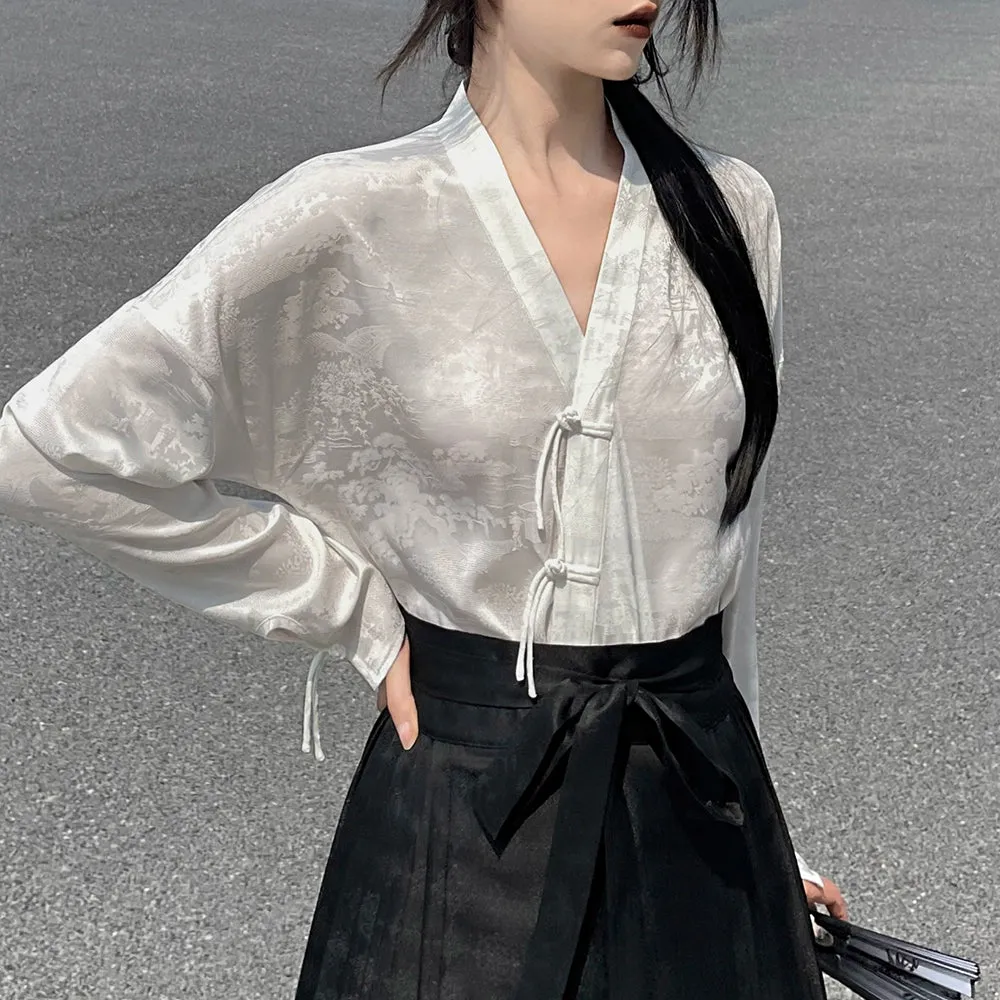 New Chinese Style | Black & White Shirt Women's Horse Face Skirt Suit