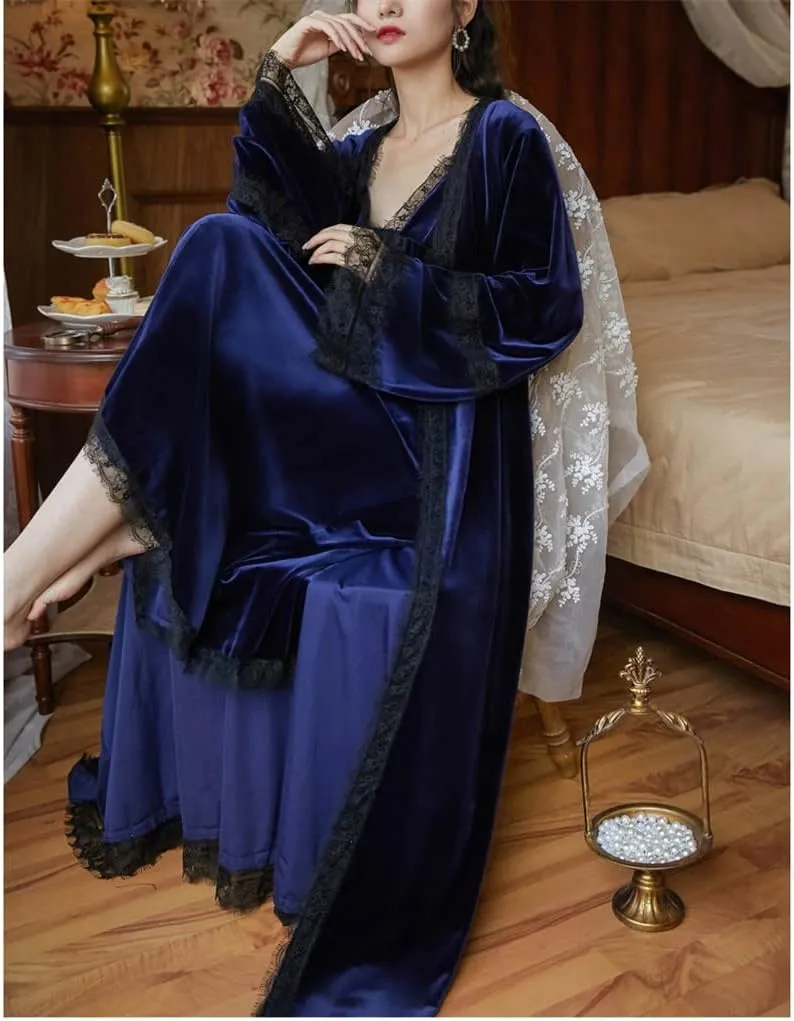 Night Dress Long-sleeved Robe Set V-neck Lace Edge Bathrobe Gold Velvet Winter Loungewear Kimono
