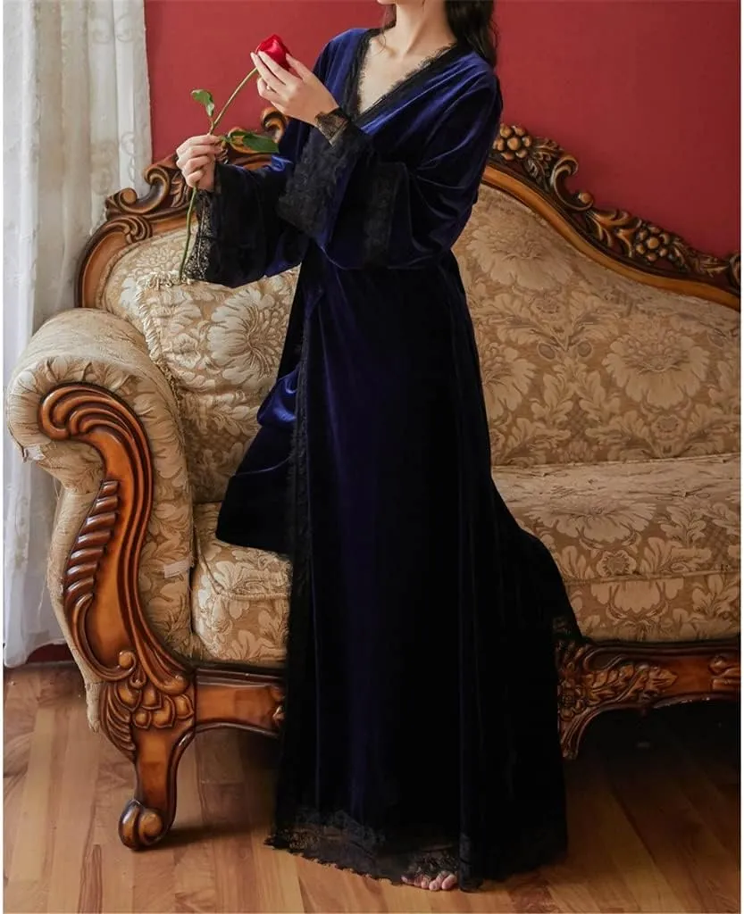 Night Dress Long-sleeved Robe Set V-neck Lace Edge Bathrobe Gold Velvet Winter Loungewear Kimono