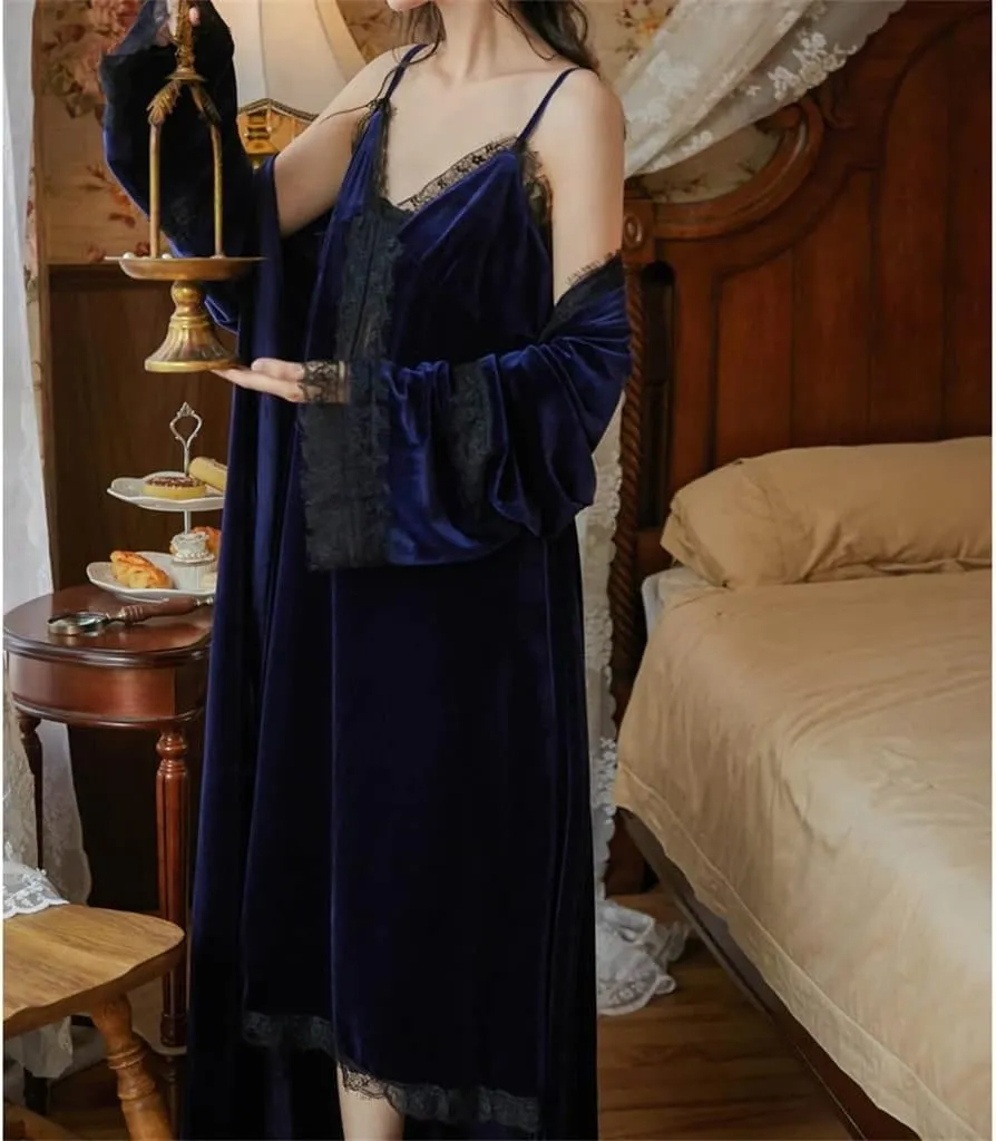 Night Dress Long-sleeved Robe Set V-neck Lace Edge Bathrobe Gold Velvet Winter Loungewear Kimono